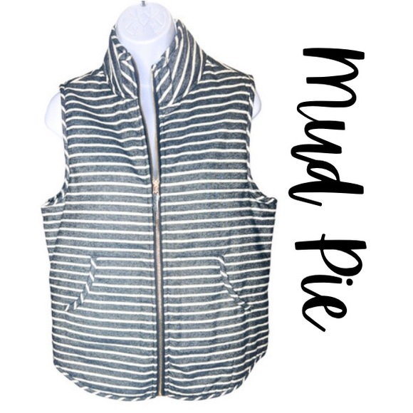 Mud Pie Heathered Gray & White Striped Padded Preppy Zip Up Vest Size M EUC! - Picture 1 of 11
